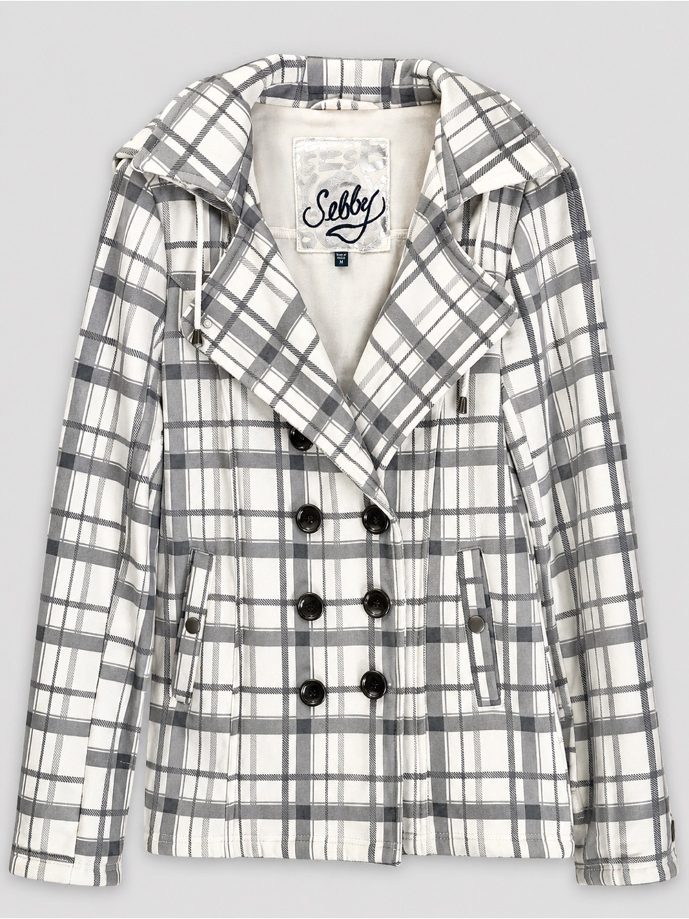 Sebby Women’s M Gray White Plaid Hooded Double Breasted Peacoat Jacket